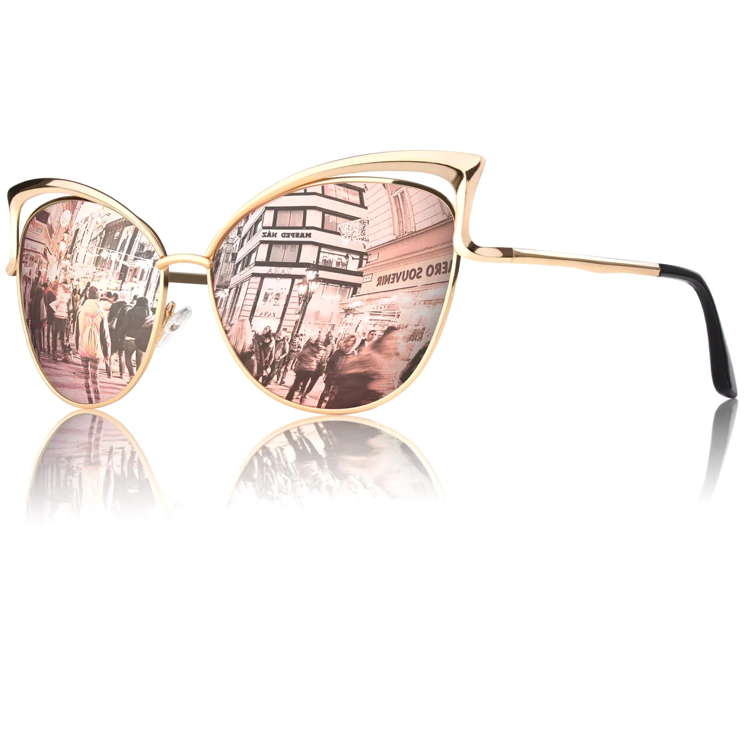 The oversized cat-eye in gold with a pink mirrored lens, photographed on white