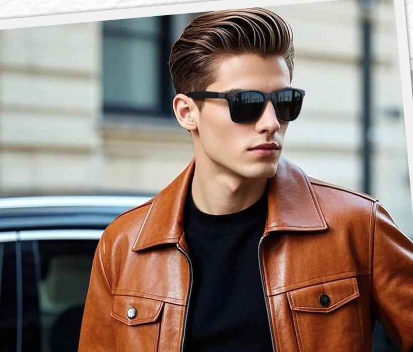 The flexible TR90 in matte black, on a man in a tan leather jacket